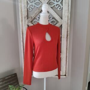 Almost Famous Junior Long Sleeve Ribbed Mock Neck Cutout Knit Top Burnt Orange